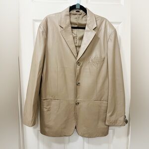 Leather Blazer Single Breasted Beige Long Sleeve Collared Tan Size 42 R